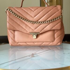 Peach Quilted Shoulder Bag with Chain Detail